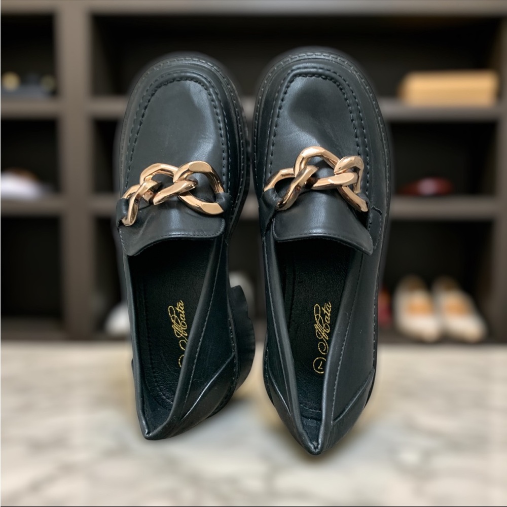 Black Chunk Heeled Loafers with Gold Chain Accent